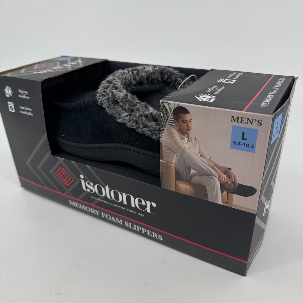 NEW‎ Isotoner Memory Foam Slippers MENS Black Indoor Outdoor Slip On LG 9.5-10.5